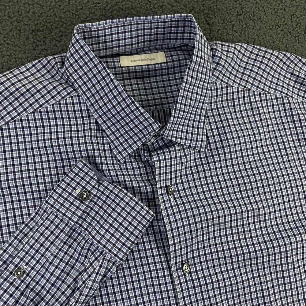 Ermenegildo Zegna Shirt Mens 2XL Blue Pliad Check Cotton Woven Made In‎ Italy
